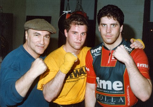 MANAGER VINNIE VECCHIONE WITH BOXERS MIKE CULBERT AND PETER McNEELEY